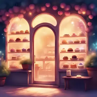 Immagine di una patisserie francese vista dall'esterno con la vetrina illuminata e tanti dolci in esposizione