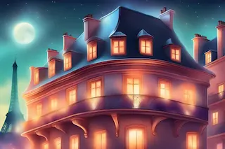 Il racconto di Monsieur Blanche mostra una fotografia in stile fiabesco di un tipico palazzo parigino con le finestre illuminate a sera tardi
