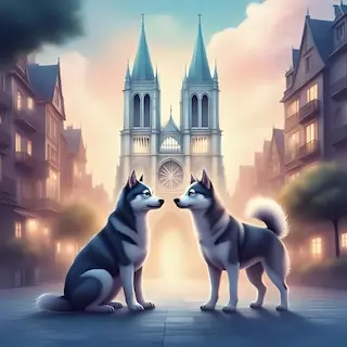 Due Husky a Parigi, di fronte alla cattedrale di Notre Dame