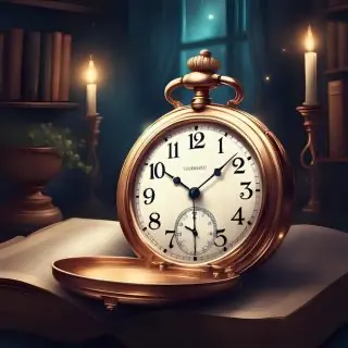 Un orologio da taschino posizionato, aperto, su un libro con alle spalle due candele accese e una finestra