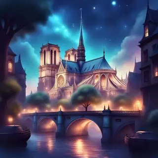 Notre Dame, un'immagine fiabesca di Notre Dame vista di notte dalla riva della Senna. Sullo sfondo un cielo stellato con alcune nuvole.