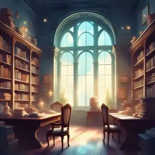 La prima lezione di Monsieur Le Professeur - nell'immagine si vede l'interno di un'aula con una finestra tripla sullo sfondo, scaffali pieni di libri e due scrivanie