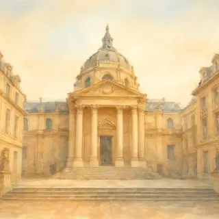 Immagine ad acquerelli della vista da fuori dell'Università Sorbonne di Parigi nel XVI Secolo